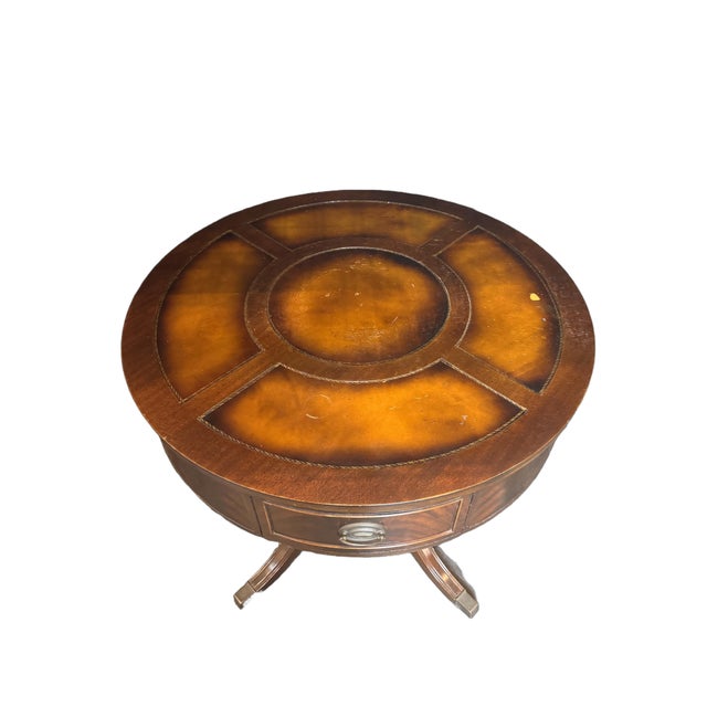 Early 20th Century Antique Duncan Phyfe Style Mahogany Drum Center Table With Gold-Tooled Leather Top, Early 20th Century For Sale - Image 5 of 14