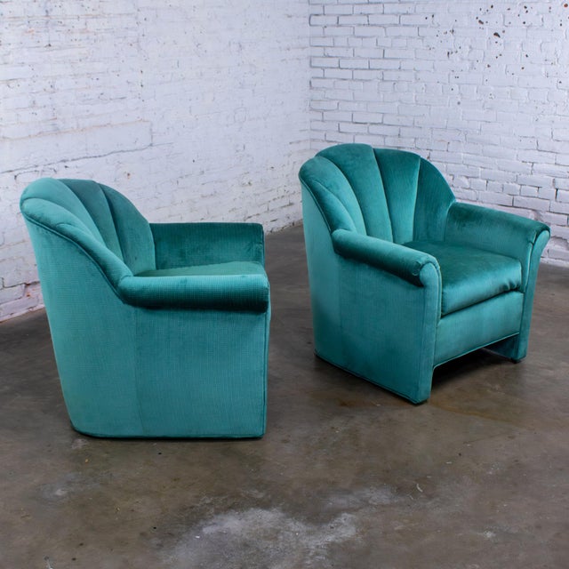 Textile 1980’s Art Deco Revival Hollywood Regency Channeled Fan Back Club Chairs W/Teal Chenille Fabric by Perfection Furniture, a Pair For Sale - Image 7 of 18