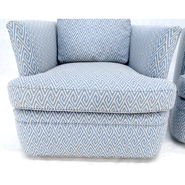 Pair of Blue & White Upholstery Vintage MCM Barrel Back Swivel Chairs For Sale - Image 11 of 13