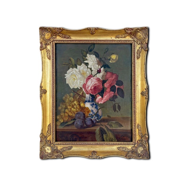 Still Life with Roses and Fruits, 1950s, Oil Painting on Canvas, Framed For Sale - Image 18 of 18