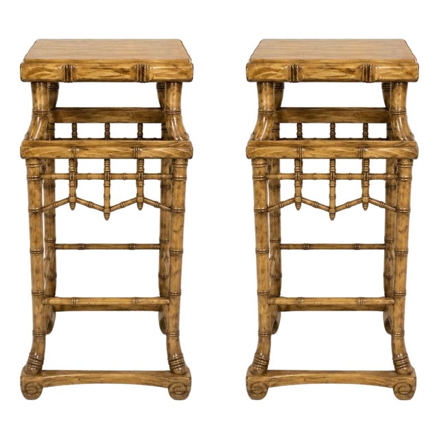 Pair of Early 20th Century Chinese Hand Carved Wood Pedestals Faux Bamboo Style For Sale