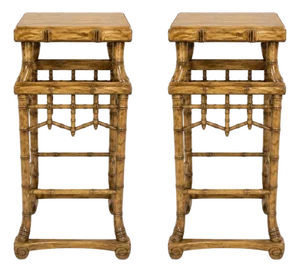 Pair of Early 20th Century Chinese Hand Carved Wood Pedestals Faux Bamboo Style