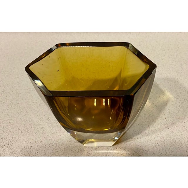 Six sided art glass, unmarked, most likely Scandinavian. This is a lovely deep amber color. Rare find!