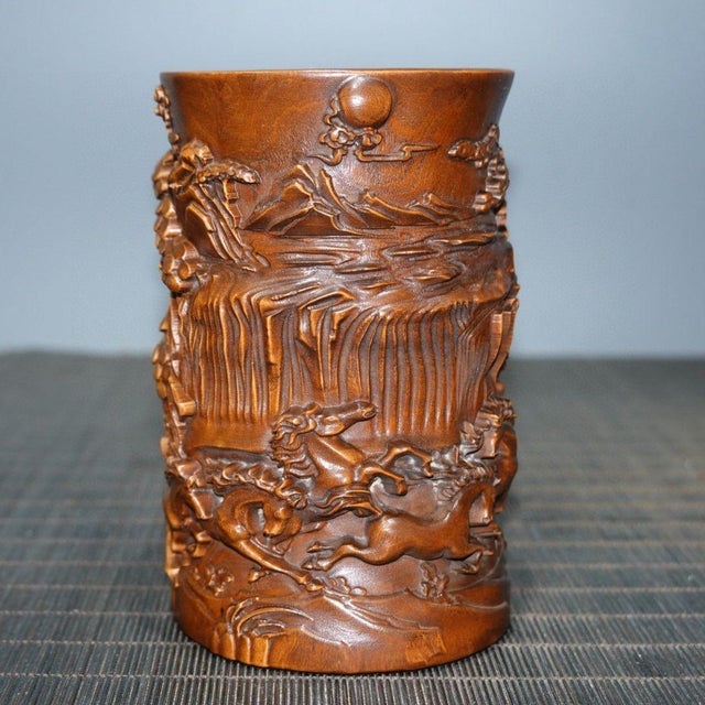 Vintage Chinese Boxwood Carved "Eight Horses" Brush Pot - 333g For Sale In Los Angeles - Image 6 of 9