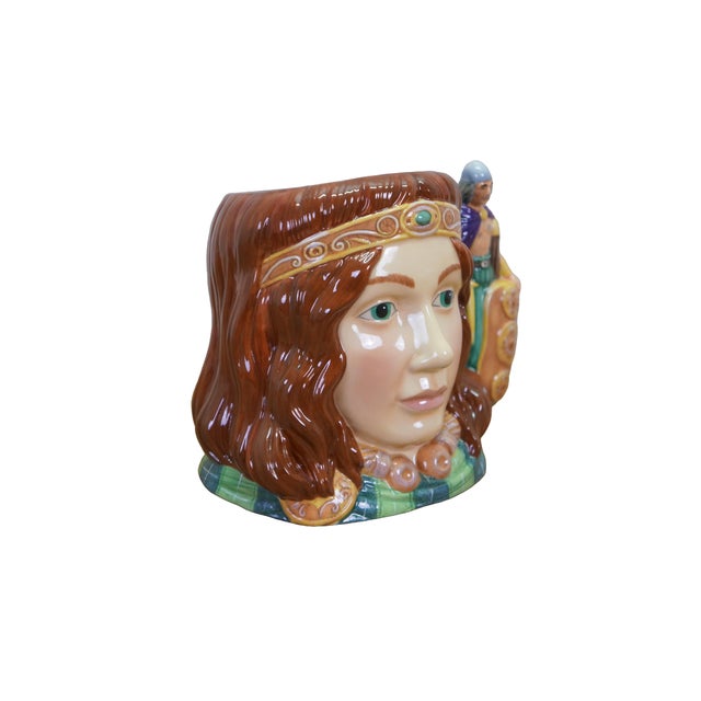 Large rare vintage Royal Doulton 7080 porcelain character jug of Boudicca featuring brown hair, emerald jeweled tiara,...