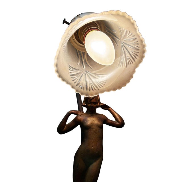 Early 20th Century Early 20th Century Art Nouveau Flower Bell Table Lamp W/ Spelter Metal Nude Women Sculpture For Sale - Image 5 of 8