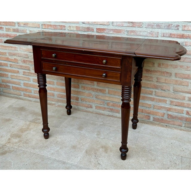 Wood Drop-Leaf Side Table With Two Drawers, 1930s For Sale - Image 9 of 15