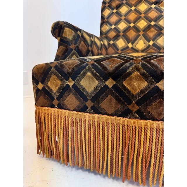 Pair of French Art Deco His & Hers Armchairs in Geometric Velvet, Circa 1930s For Sale - Image 16 of 17