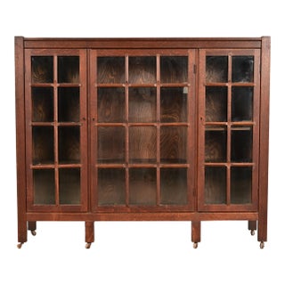 Stickley Brothers Style Antique Mission Oak Arts & Crafts Glass Front Triple Bookcase, Circa 1910 For Sale