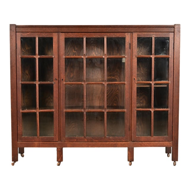 Stickley Brothers Style Antique Mission Oak Arts & Crafts Glass Front Triple Bookcase, Circa 1910 For Sale