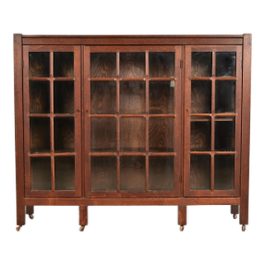Stickley Brothers Style Antique Mission Oak Arts & Crafts Glass Front Triple Bookcase, Circa 1910