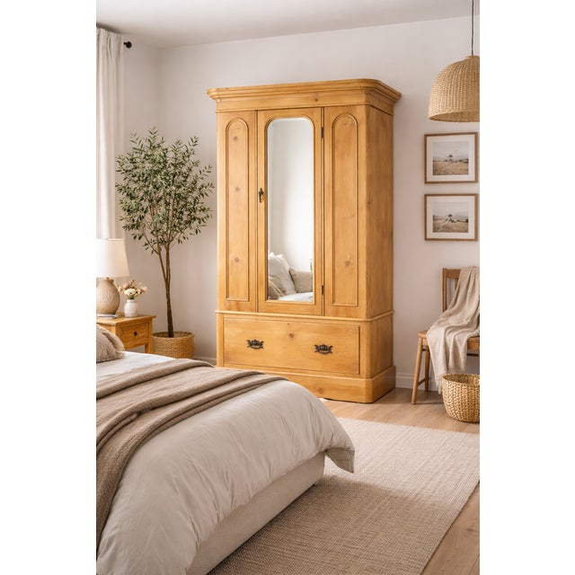 Victorian Pine Hall Cupboard or Wardrobe with Mirror, 1900s For Sale - Image 3 of 8