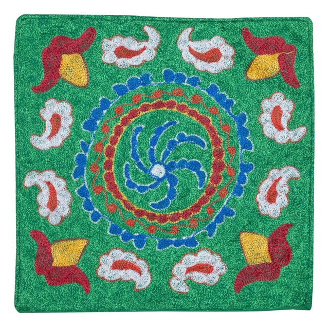 16"x16" Silk Embroidery Cushion Cover. Green Throw Pillow. Double Sided Pillow For Sale