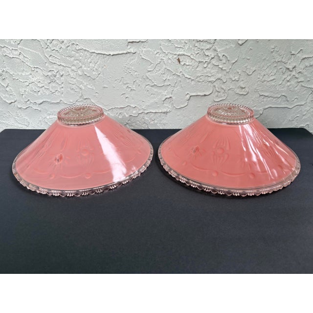 Vintage Art Deco Pink Satin Glass Ceiling Light Shades, Floral Relief, Circa 1935–1945 - a Pair For Sale - Image 4 of 12