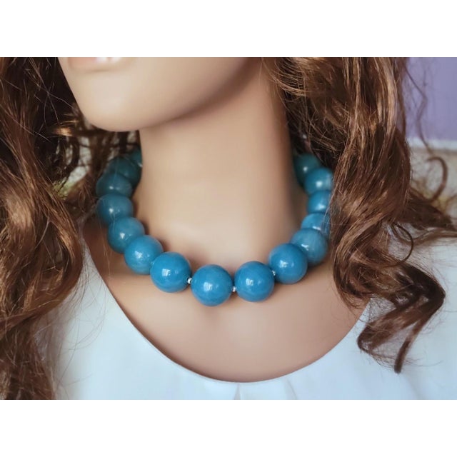 Blue Sponge Quartz Statement Necklace, Huge 24 Mm Round Blue Quartz Beads, Sterling Silver Toggle Clasp, Bold Gemstone Necklace For Sale - Image 4 of 8