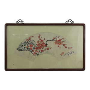 Vintage Chinese Fan Painting Red Plum Blossoms Announcing Spring Framed Ink and Color on Paper With Calligraphy