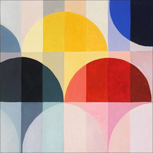 2023, Abstract Geometric Landscape of "Primary Bauhaus Tones", Acrylic Painting on Watercolor Painting Paper by Natalia Roman For Sale