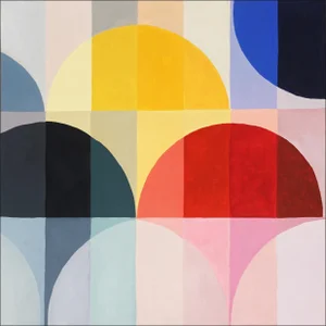 2023, Abstract Geometric Landscape of "Primary Bauhaus Tones", Acrylic Painting on Watercolor Painting Paper by Natalia Roman
