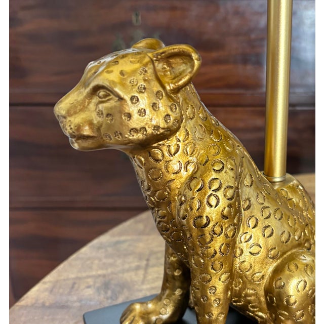 Gold Couture Lamps Contemporary Molded Gold Finish Leopard / Cheetah Lamps With Gold-Foil Lined Shades, Matchbook Pair For Sale - Image 8 of 10