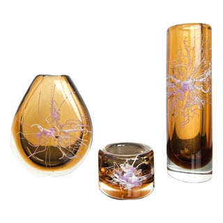 Model 8316 Art Glass Vases & Ashtray Collection by Petr Hora for Škrdlovice, Czechoslovakia, 1983, Set of 3 For Sale