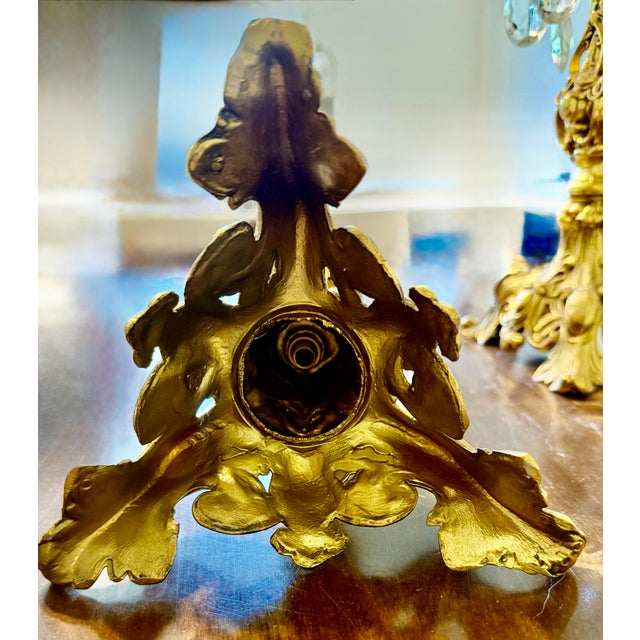 Art Nouveau Ornate Gold Candle Holders With Crystal Prisms For Sale - Image 3 of 12