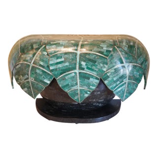 Vintage Brass Encased Jade Stone Palm Leaf Console Table For Sale