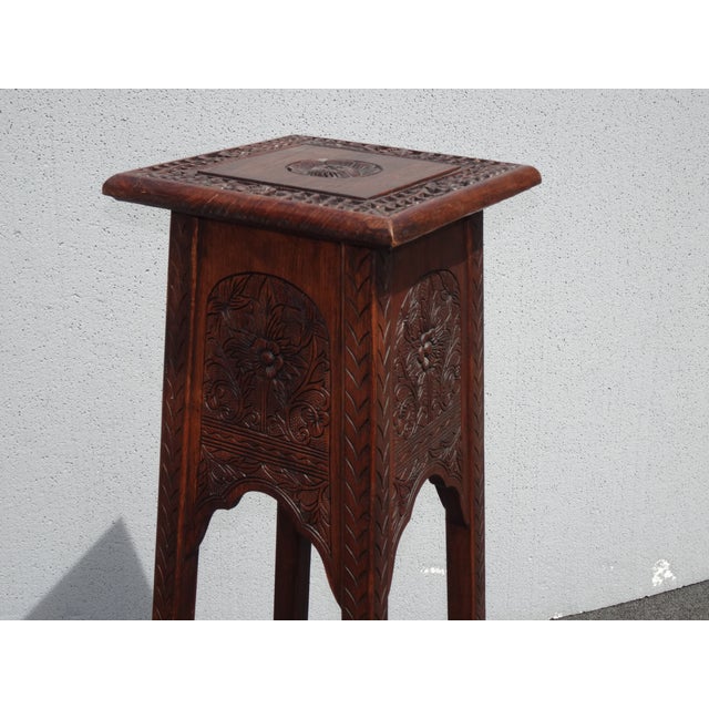 Vintage Oriental Asian Solid Highly Carved Wood Brown Plant Stand Side Table For Sale - Image 9 of 10