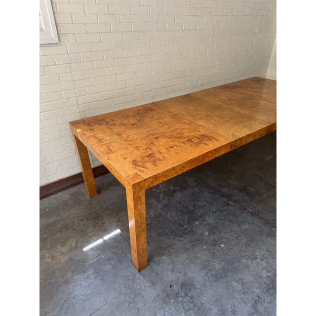Wood Mid-Century Milo Baughman Style Burl Wood Parsons Extension Dining Table by Lane For Sale - Image 7 of 15