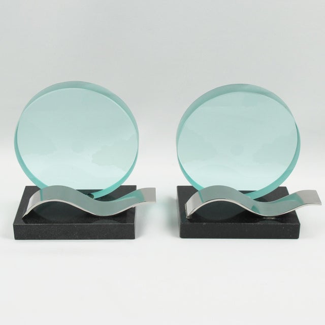 Elevate your interior with these striking, architecturally designed bookends—a true modernist masterpiece from circa 1980....