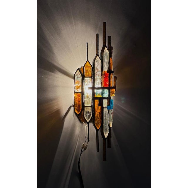 Mid-Century Sconces in Iron and Hammered Glass attributed to Longobard, Italy, 1970s, Set of 2 For Sale - Image 6 of 15