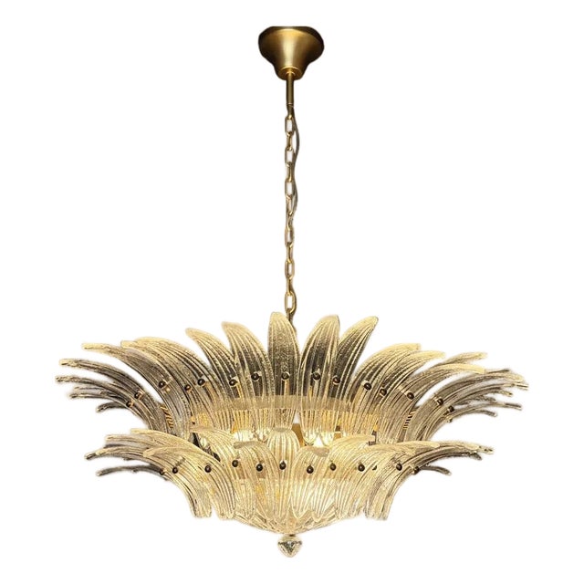 Murano Palmette Chandelier in Clear Glass | 82 Hand-Blown Glass Elements, Italian Statement Ceiling Light For Sale