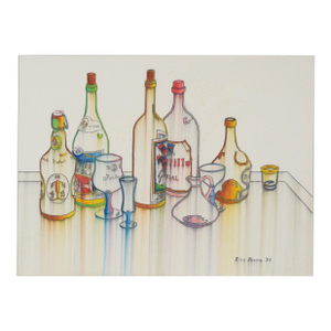 Oil Pastel and Pencil Still Life of Wine and Spirits Bottles by Erin Pearce