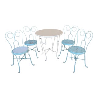 Vintage Ice Cream Parlor Mint Green Twisted Iron Table & Chairs - Set of 5 For Sale