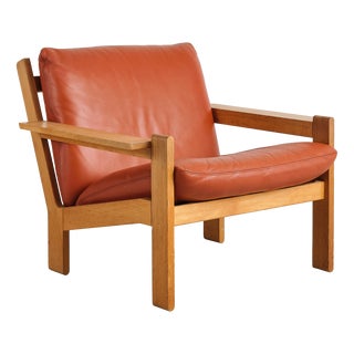 Brutalist Lounge Chair in Oak and Leather by Tage Poulsen, Denmark, 1970s For Sale