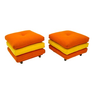 1970s Triple Pillow-Style Orange Ottomans - a Pair For Sale