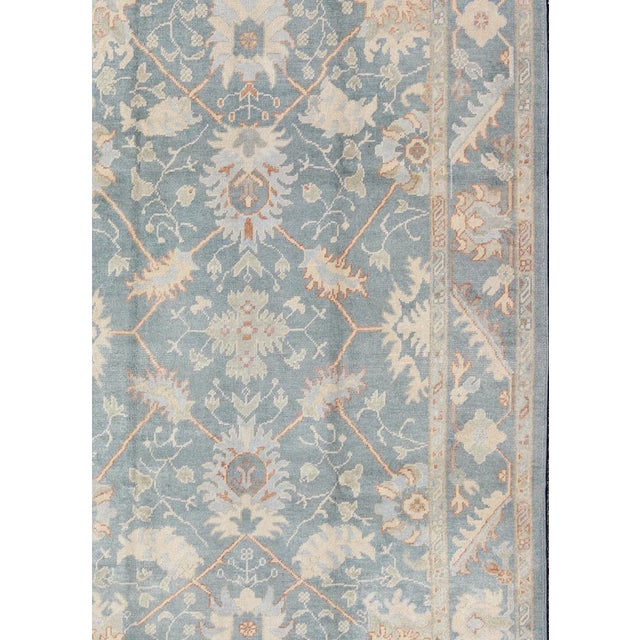 Turkish Oushak Rug With Floral Design in Light Steel Blue and Coral Accent For Sale - Image 4 of 12