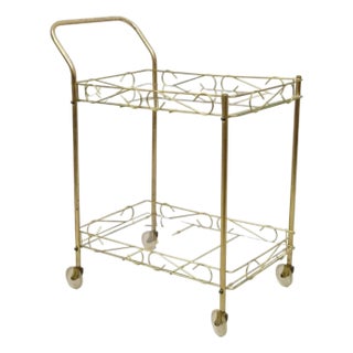 Vintage Mid Century Modern Gold Metal 2 Tier Rolling Bar Tea Cart Server For Sale