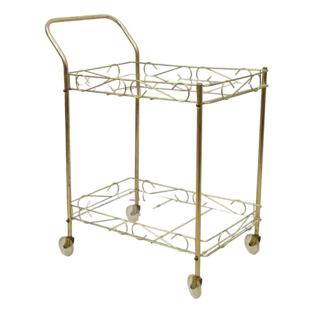 Vintage Mid Century Modern Gold Metal 2 Tier Rolling Bar Tea Cart Server For Sale