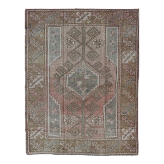 Vintage Turkish Oushak Rug With Faded Rose, Olive Green 4' 2" X 5' 10" For Sale
