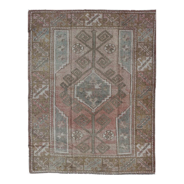 Vintage Turkish Oushak Rug With Faded Rose, Olive Green 4' 2" X 5' 10" For Sale