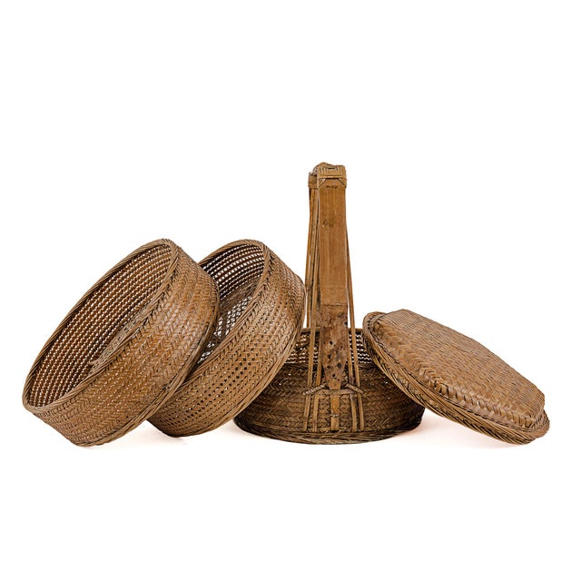 Vintage Antique 3 (Three) Tier Chinese Wedding Basket (Warm Brown) For Sale - Image 4 of 13