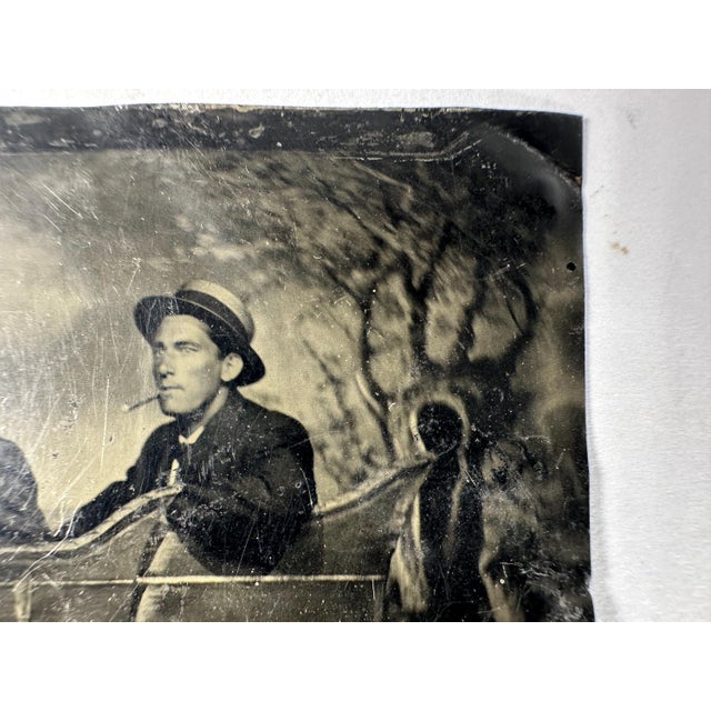 Rare & Original, Antique Studio Tintype Portrait of Two Men in Prop-Automobile for your consideration. The photo measures...
