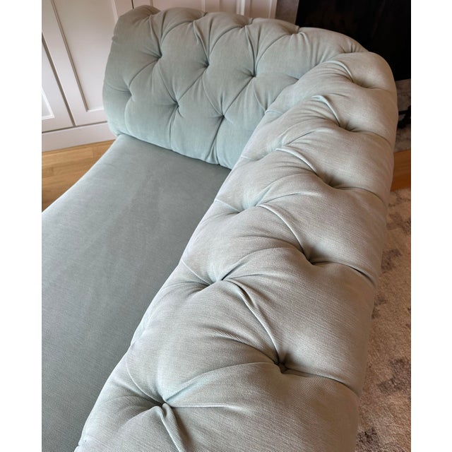 Wood Anthropologie Chesterfield Sofa by Vanguard Furniture – Blue-Green “Mist” Tufted Sofa For Sale - Image 7 of 10