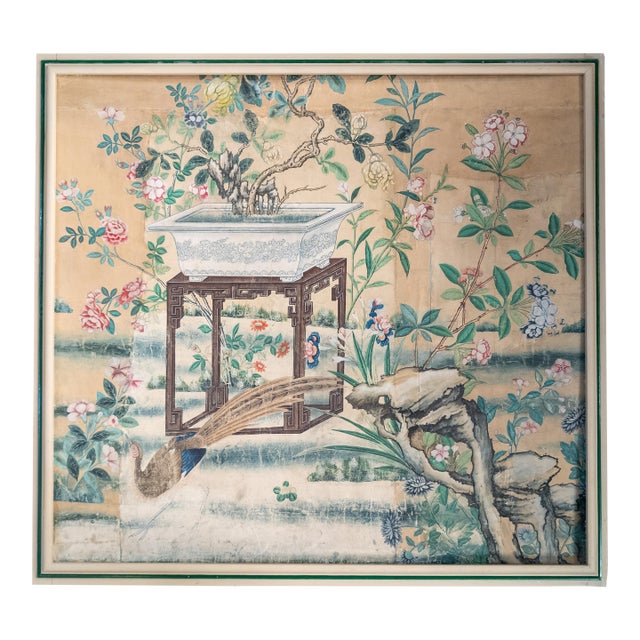 18th Century Chinese Watercolor Wallpaper Painting Bird of Paradise Floral Garden For Sale