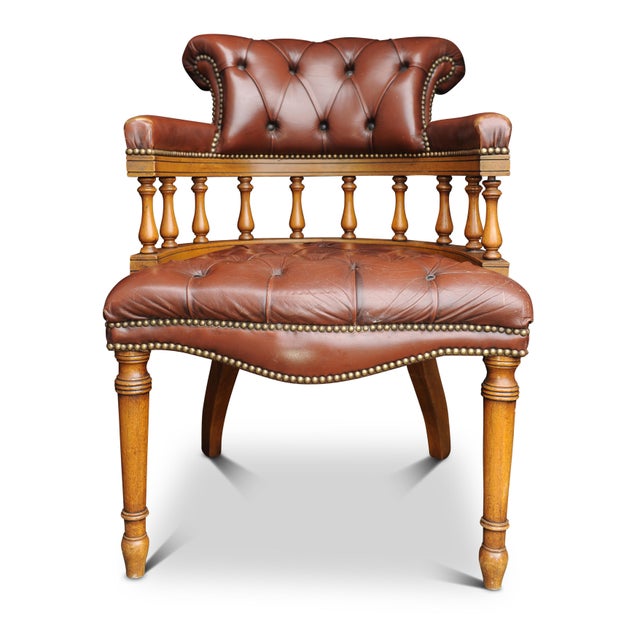 Victorian Style Brown Leather and Beech Desk Chair, 1960s For Sale - Image 4 of 7