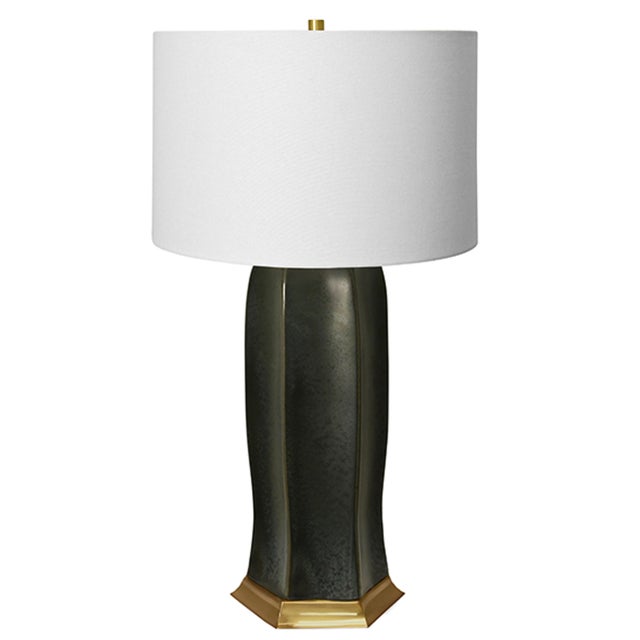 Contemporary Matthew Izzo Home - Barron Black Oxidized Glaze Ceramic Table Lamp With Brass Accents and White Linen Shade For Sale - Image 3 of 3
