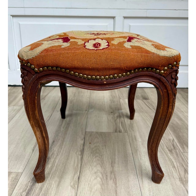 Antique French Louis XV Style Carved Wood Figural Needlepoint Footstool For Sale - Image 10 of 15