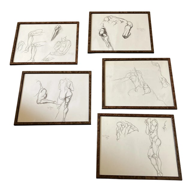 1970’s 5 Original Charcoal Nude Figure Study Drawings Vintage Frames Signed-Set of 5 For Sale