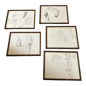 1970’s 5 Original Charcoal Nude Figure Study Drawings Vintage Frames Signed-Set of 5