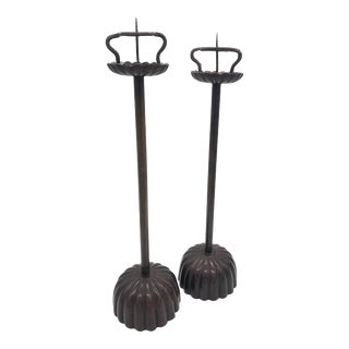 Lotus Candle Holders - Vintage Japanese Style Bronze - Set of 2. For Sale
